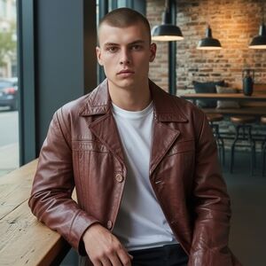 70s Dark Cherry‎ Red Brown Leather Coat Removable Sherpa Liner Sz 50 XL Disco